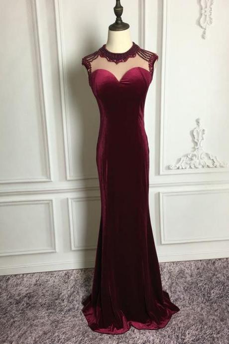 Elegant Burgundy Velvet Beaded Mermaid Style Party Dresses, Prom Dresses 2018, Formal Gowns