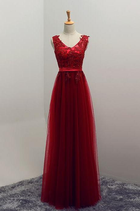 Wine Red V-neckline Prom Dresses 2018, Pretty Style Prom Gowns, Tulle Bridesmaid Dresses