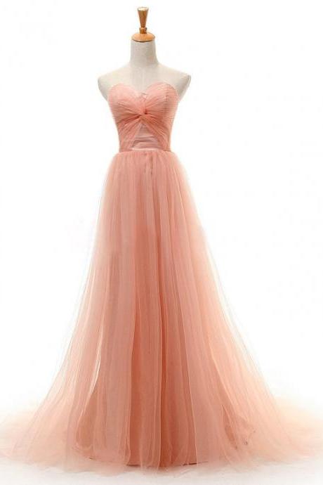 Coral Ruched Tulle Sweetheart Floor Length A-line Formal Dress Featuring Open Back, Prom Dress