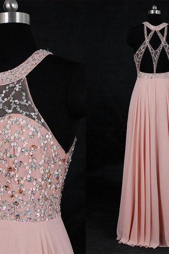 Delicate Dark Pink Halter Sparkle Top Long Chiffon Formal Dresses, Prom Dresses 2018, Pink Party Dresses