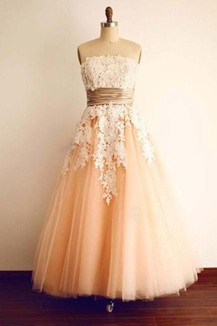 Beautiful Vintage Tea Length Lace And Champagne Tulle Wedding Gowns, Charming Prom Dresses, Lovely Formal Dresses