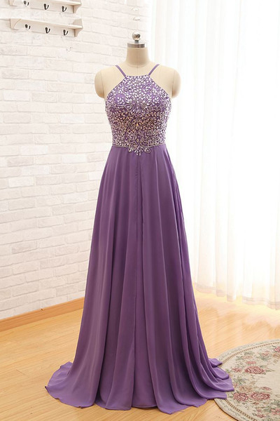 Light Purple Spaghetti Straps Beaded Party Gowns 2018, Purple Formal Dresses, HalterEvening Gowns