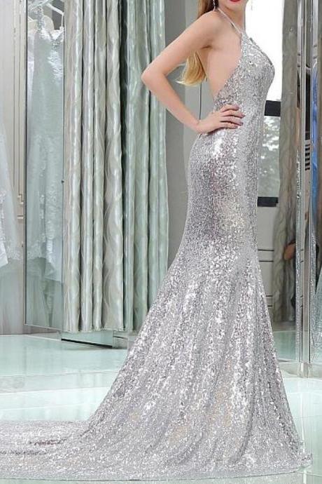 Sliver Sequins Halter Mermaid Sweep Train Prom Dresses, Beautiful Shinny Party Gowns, Formal Dresses