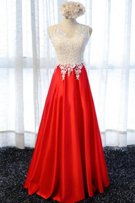 Red Satin White Lace Bodice Long Party Dresses, Formal Dresses, Evening Gowns, Prom Dress 2018
