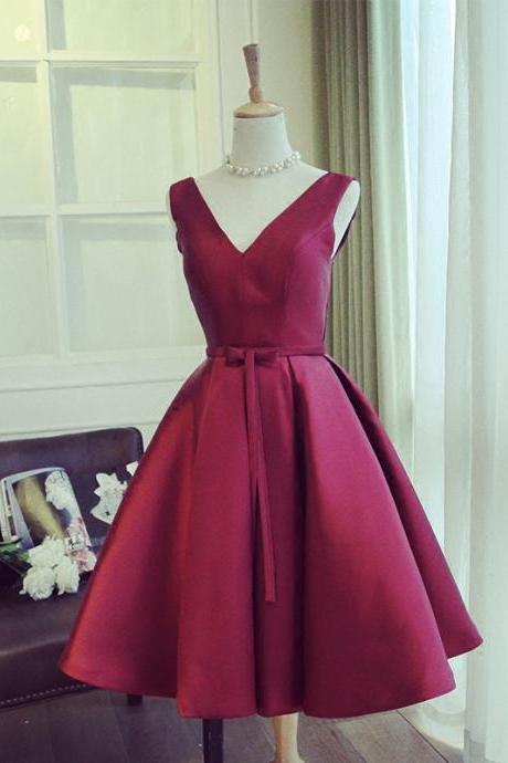 Lovely V-neckline Homecoming Dresses,wine Red Satn A Line Cocktail Dresses,short Formal Party Dresses