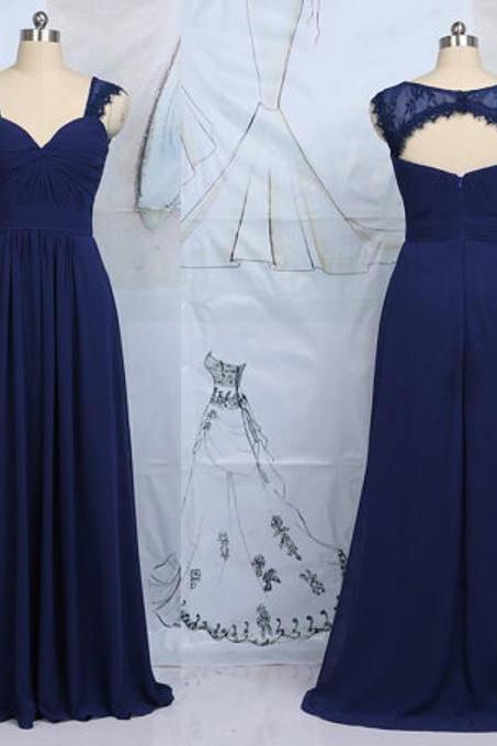 Beautiful Navy Blue Short Cap Sleeves Chiffon Bridesmaid Dresses, Floor Length Simple Prom Dresses, Wedding Party Dresses Backless