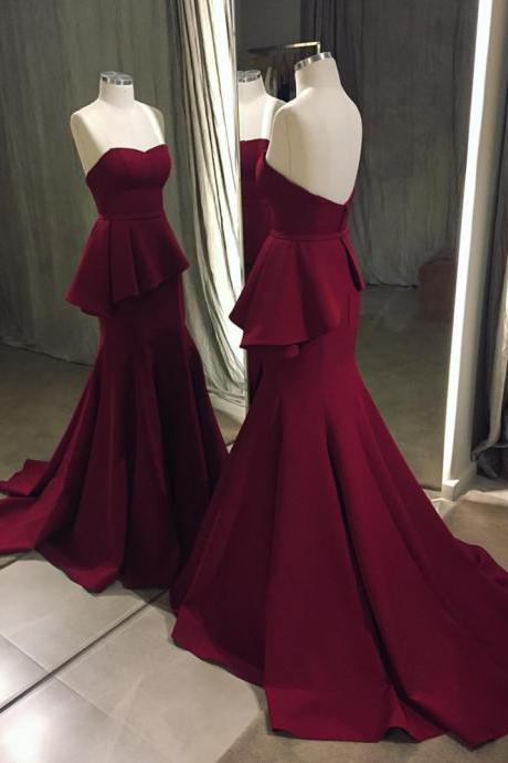 Dark Red Satin Sweetheart Long Sweep Train Wedding Party Dresses, Burgundy Formal Dresses, Evening Gowns