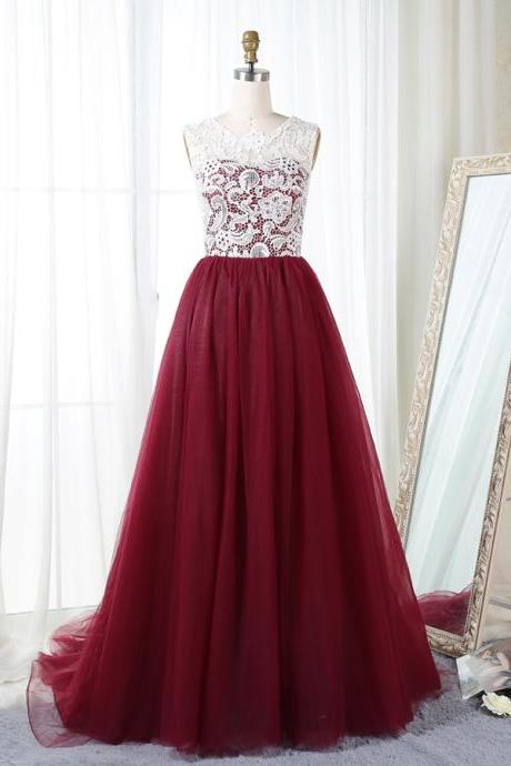 Charming Tulle A-line Jewel Sleeveless Button Back Burgundy Prom/evening Dress With Lace, Sweet 16 Dresses