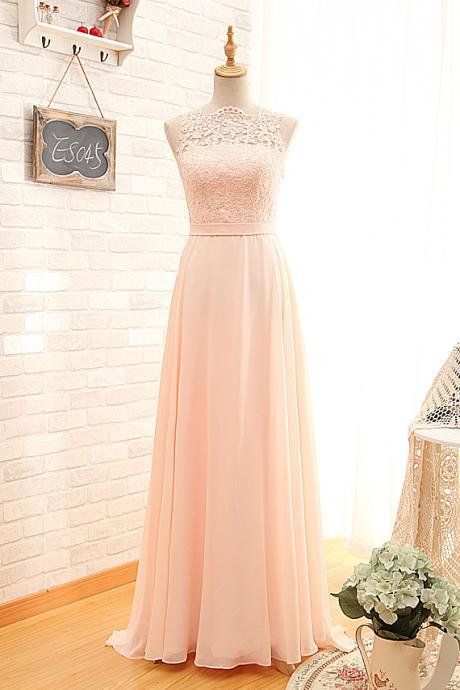 Blush Lace and Chiffon Long Simple Bridesmaid Dresses, A-line New Style Prom Dresses, Elegant Evening Gowns