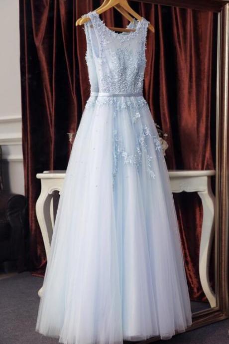 Delicate Light Blue Tulle Prom Dress With Applique, Lace-up Floor Elegant Formal Gowns, Sweet 16 Formal Dresses