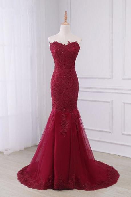 Wine Red Applique Mermaid Lace-up Sweep Train Gowns, Tulle Prom Dresses, Burgundy Party Dresses