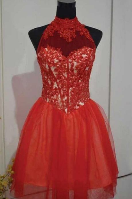 Red A lines High Collar Hollow Short Tulle Lace Homecoming Dresses, Red Short Party Dresses, Red Formal Dresses