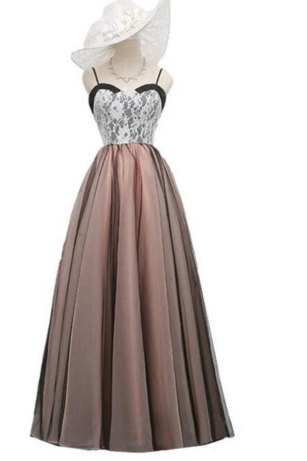 Cute Straps Long Tulle And Lace Gowns, Beautiful Prom Dresses, A-line Party Dresses