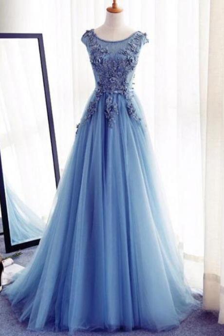 Blue Appliqued Prom Dresses, Round Neck Formal Dresses, Long Wedding Party Dresses