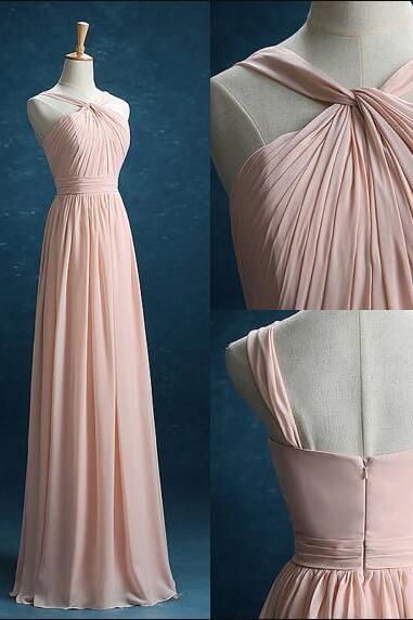 Pink Halter Twisted Ruched A-line Chiffon Floor-Length Prom Dress, Evening Dress