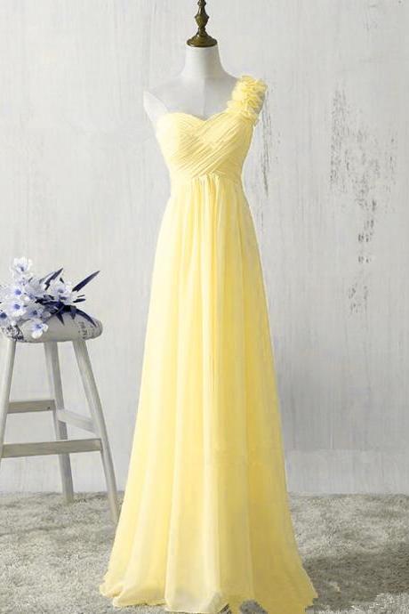 One Shoulder Yellow Chiffon Bridesmaid Dresses, A-line Party Long Evening Dresses, Light Yellow Bridesmaid Dresses