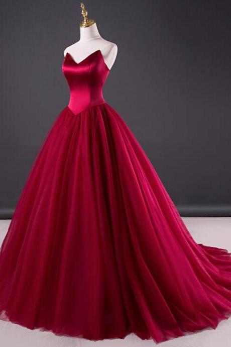 Wine Red Ball Gown Tulle Evening Prom Dresses, Party Gowns, Gorgeous Satin Bodice Formal Dresses