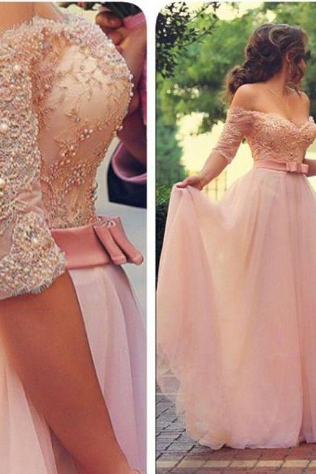 Tulle Pink Elegant Off Shoulder 1/2 Sleeves Party Gowns, Pink Party Gowns, Formal Dresses
