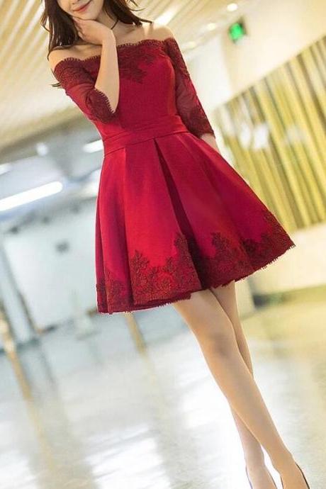 Short Wine Red Party Dresses, Prom Dresses With Sleeves, Burgundy Applique Homecoming Dresses