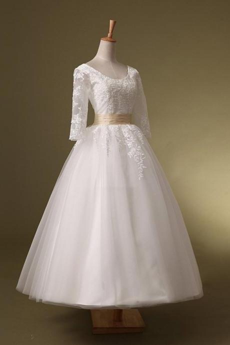White Vintage Style Lace Tea Length Party Gowns, 1/2 Long Sleeves Round Neckline Party Dresses, White Wedding Dresses