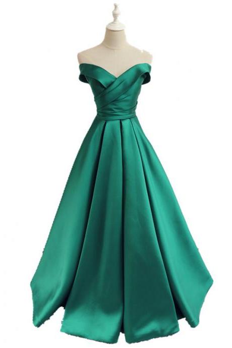 Green Off Shoulder Lace-up Gowns, A-line Satin Elegant Prom Dresses, Floor Length Party Dresses
