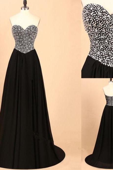 Black Sparkle Beaded Chiffon Long Formal Dresses, Black Prom Gowns, Handmade Style Party Dresses