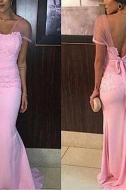 Pink Mermaid Prom Dresses,long Backless Prom Dress,cap Sleeves Prom Dresses,formal Dress For Women