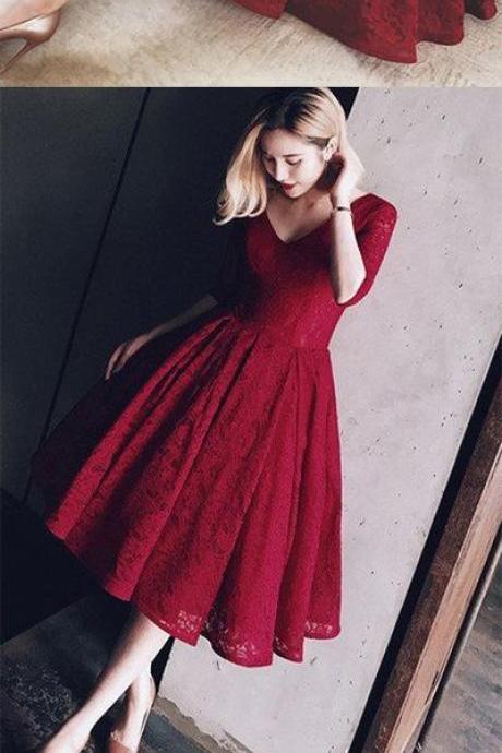 Burgundy Lace Prom Dresses, Short Sleeves Party Dresses, Wine Red Lace-up Homecoming Dresses