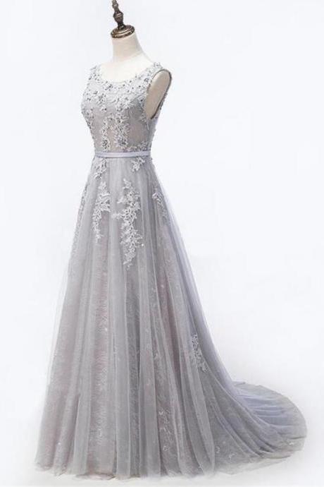 Beautiful Style Grey Lace Beaded Round Neckline Evening Prom Dresses,handmade High Quality Party Dresses, Grey Formal Gowns