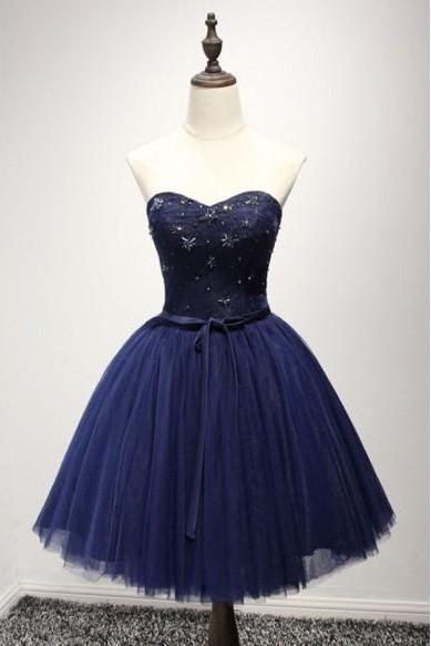 Dark Blue A-line Sweetheart Tulle Short Homecoming Dress With Beading, Prom Dresses 2018