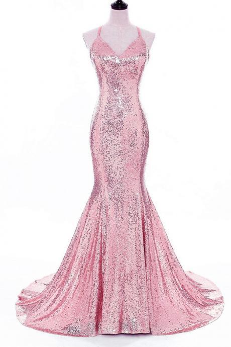 Pink Sequins Halter Long Mermaid Shinny Prom Dresses 2018, Pink Party Gowns, Sequins Party Dresses