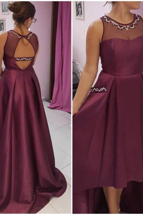 High Low Satin Backless Beaded Cute Party Dresses, High Low Formal Dresses, Evening Gowns