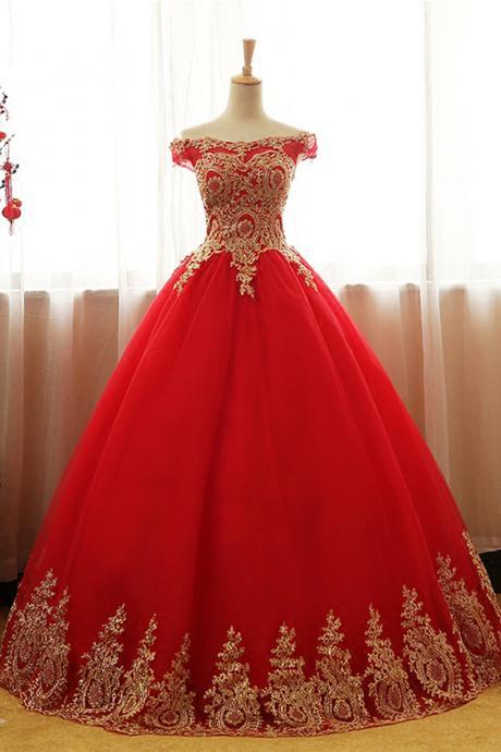 Red Tulle Ball Gown Long Party Gowns With Gold Applique, Off Shoulder Formal Dresses, Sweet 16 Party Dresses