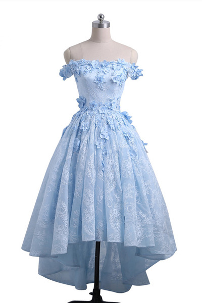 Ice Blue Off Shoulder Lace and Floral Cute Prom Dresses, Lovely Homecoming Dresses, Sweet 16 Party Dresses