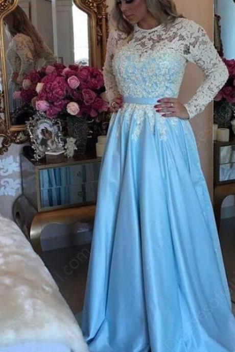 Blue Satin And Lace Long Sleeves Party Gowns, Blue Prom Gowns, Party Gowns 2018