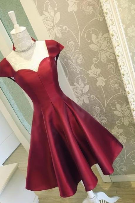 Burgundy Lovely Satin Cap Sleeves Short Party Dress With Bow, Lovely Party Dresses 2018, Homecoming Dresses