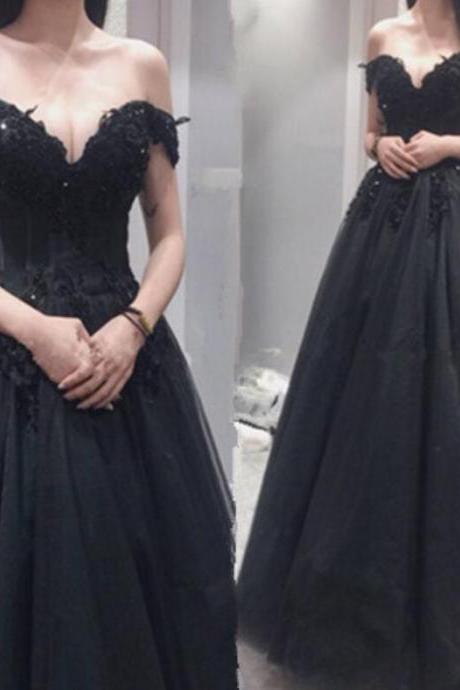 Sexy Black Tulle Gowns, Off Shoulder Party Dresses, Floor Length Formal Dresses, Evening Gowns