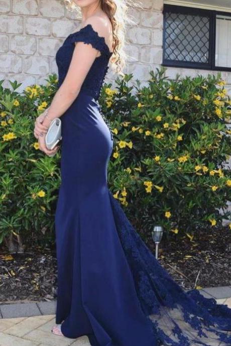 Elegant Navy Blue Prom Dress Mermaid Long with Lace Train,Off the Shoulder Party Dresses,Prom Dresses 2018