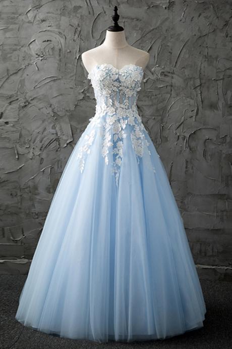 Custom Light Blue Handmade Long Prom Gowns With Lace Applique, Sweetheart Cute Princess Party Gowns, Evening Dresses