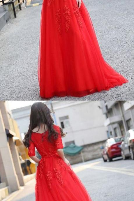 Red Princess Prom Dresses, Prom Gowns V-neck,long Party Dresses Tulle Appliques 2018