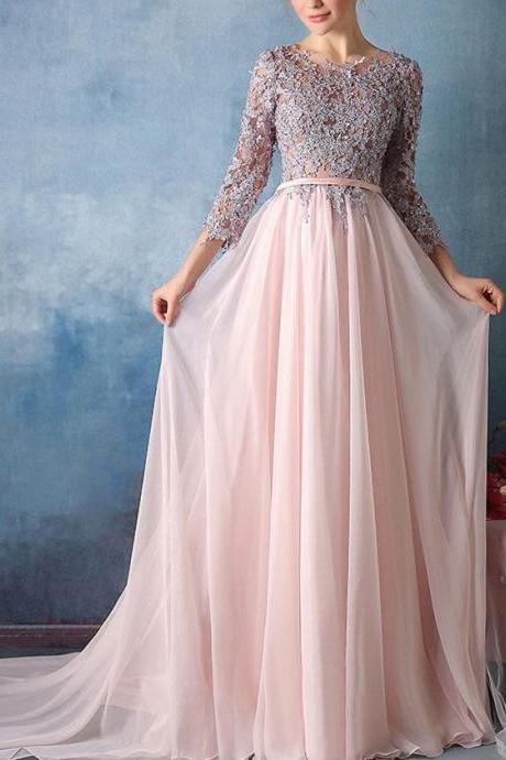 Charming Pink A-line Chiffon With Light Grey Lace Appliqued Long Prom Dresses With 3/4 Sleeves, Prom Gowns, Long Formal Dresses