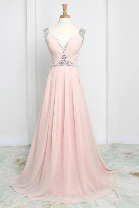Pink Chiffon Prom Dresses, Prom Dresses 2018, Beaded V-neckline Floor Length Party Gowns