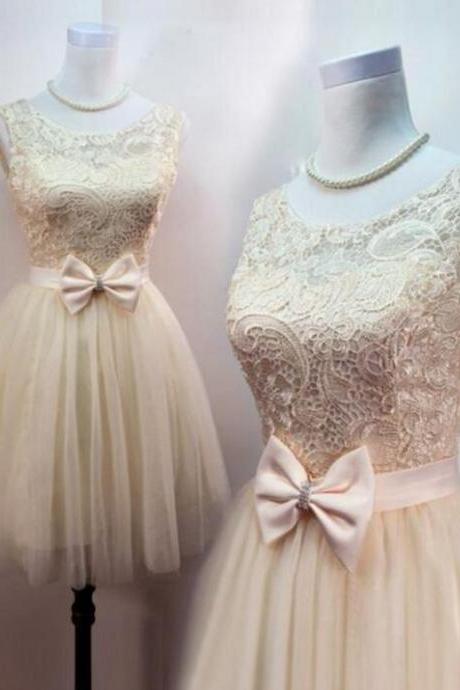 Lovely Champagne Tulle Homecoming Dresses, Lace Short Prom Dress With Bow, Cute Formal Dresses