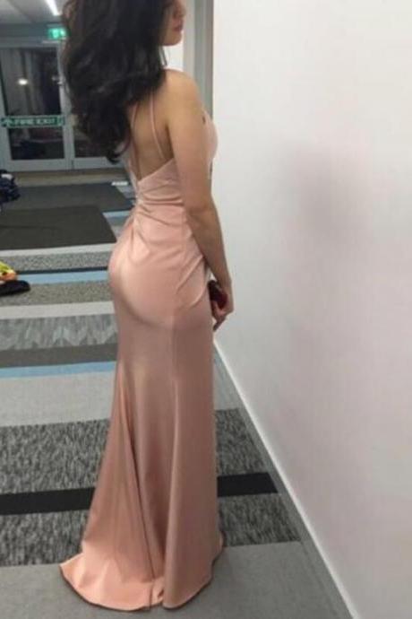 Unique Blush V Neck Spaghetti Strap Backless Prom Dress, Pink Party Dresses, Formal Gowns