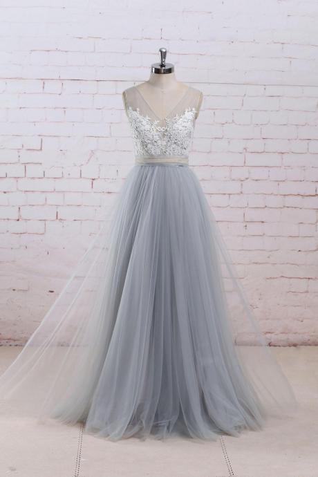 Grey Tulle Princess Gowns, Gorgeous Tulle Prom Dresses Long, Wedding Gowns