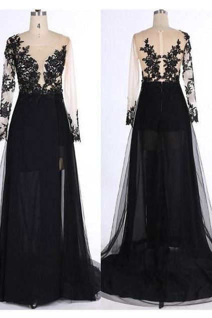 Black Long Sleeves Prom Dress,see-through V-neck Prom Dresses,tulle Evening Dress With Appliques,formal Gowns 2018