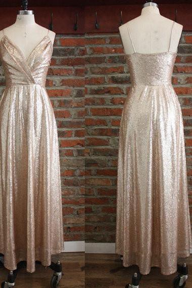 Gold Sequins Straps V-neckline Formal Gowns, Sequins Prom Dresses, Beautiful Bridesmaid Dresses