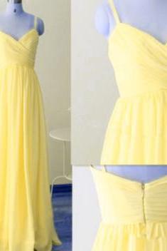 Brilliant Yellow Straps Simple Cute Floor Length Prom Dresses, Yellow Formal Gowns, Bridesmaid Dresses