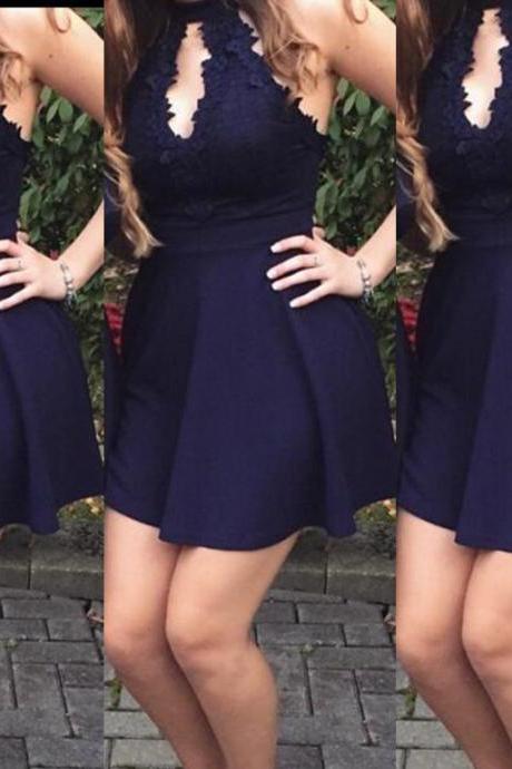 Navy Blue Lace Halter Mini Party Dresses, Short Party Dresses, Cute Formal Dresses