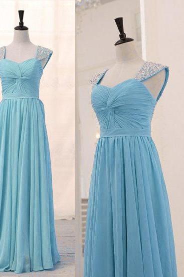 Blue Sweetheart With Beaded Shoulder Long Bridesmaid Dresses, Blue Wedding Party Dress, Prom Dresses 2018